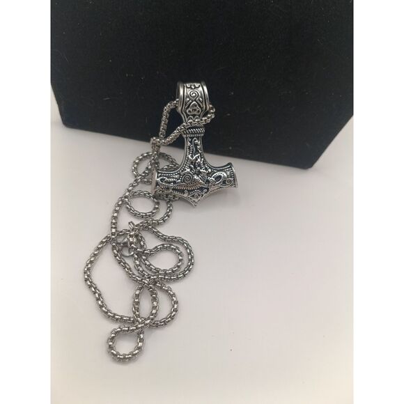 Viking Necklace Thor Hammer Celtic Pendant Nordic Amulet Silvertone 22" Chain - Picture 3 of 6